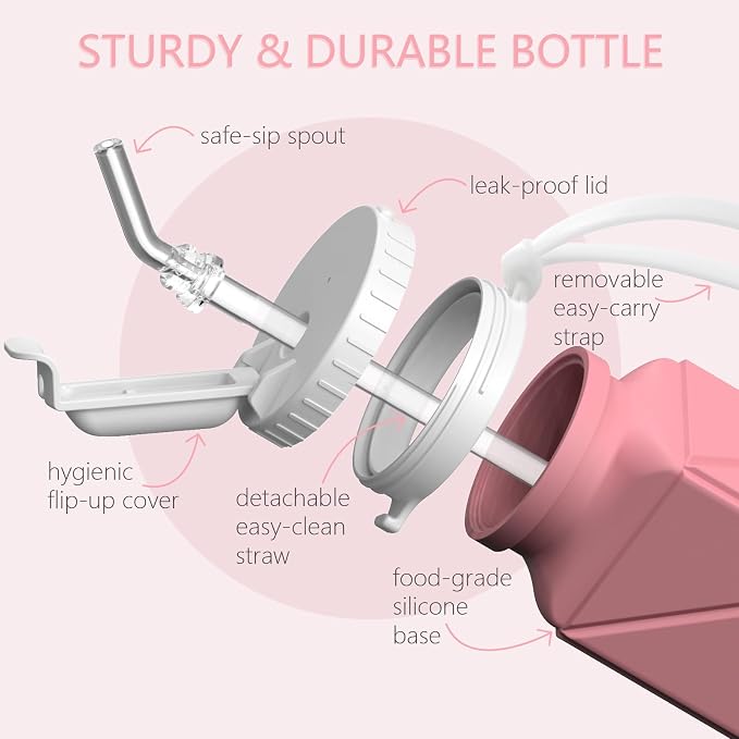 BEAUTAIL Collapsible Water Bottles with Straw 21 oz, Travel Water Bottle | BPA Free, Leakproof & Reusable, Silicone Foldable Water Bottle for Traveling, Hiking, School, Sports, Outdoor, 1-Pack, Pink