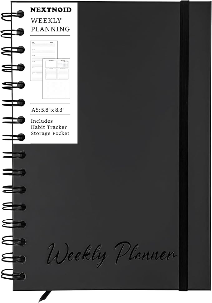 Undated Weekly Planner Notebook 2026, A5 (5.8" x 8.3") Hardcover Weekly to do List Notebook for Work with Goal & Habit Tracker - Spiral Black