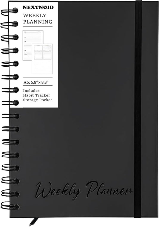 Undated Weekly Planner Notebook 2026, A5 (5.8" x 8.3") Hardcover Weekly to do List Notebook for Work with Goal & Habit Tracker - Spiral Black