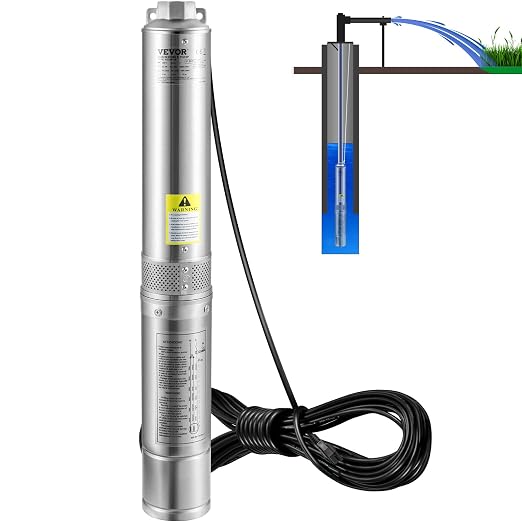 VEVOR Deep Well Submersible Pump, 1HP 115V/60Hz, 37gpm Flow 207ft Head, with 33ft Electric Cord, 4" Stainless Steel Water Pump for Industrial, Irrigation&Home Use, IP68 Waterproof Grade | for Industrial Irrigation & Home Use, 4" Stainless Steel Water P...