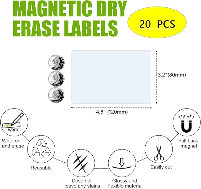 STTMGN Dry Erase Big Magnetic Labels (4.8x3.2,Pack of 20),Large Write On Magnets Name Plates Sticker,Waterproof/Reusable for Refrigerator&Lockers&Whiteboard&Cabinet(Green)