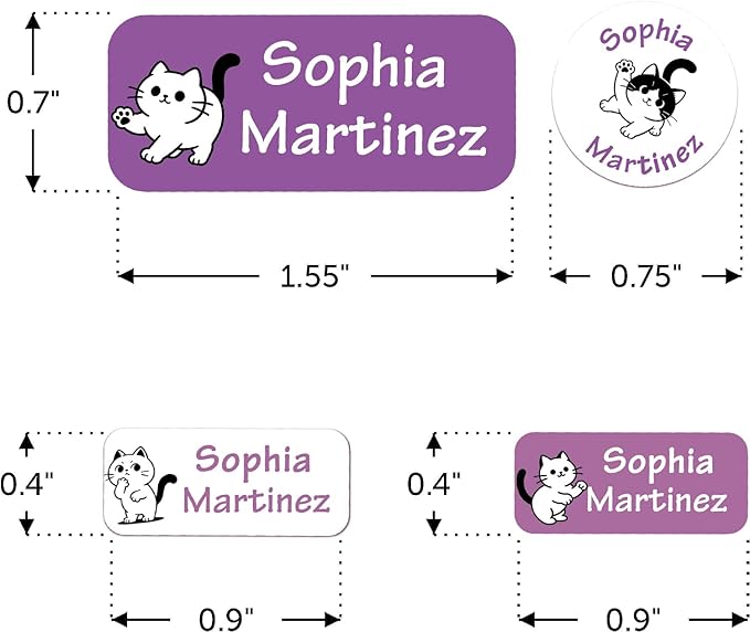 Waterproof Custom Name Stickers (135 Labels) - Personalized Daycare Labels for Clothing, Water Bottles, Lunch Boxes & School Supplies - Ideal for Camp & Daycare - No-Iron (White Cats)
