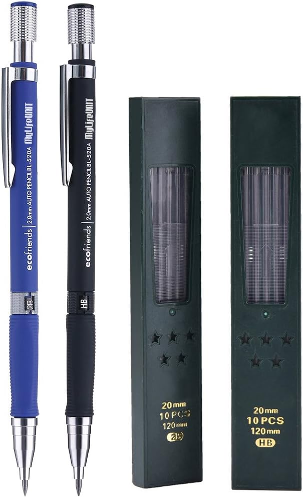 MyLifeUNIT 2.0mm Mechanical Pencil, 2mm Lead Pencil for Draft Drawing, Carpenter, Crafting, Art Sketching (Set of Pencils and Leads)