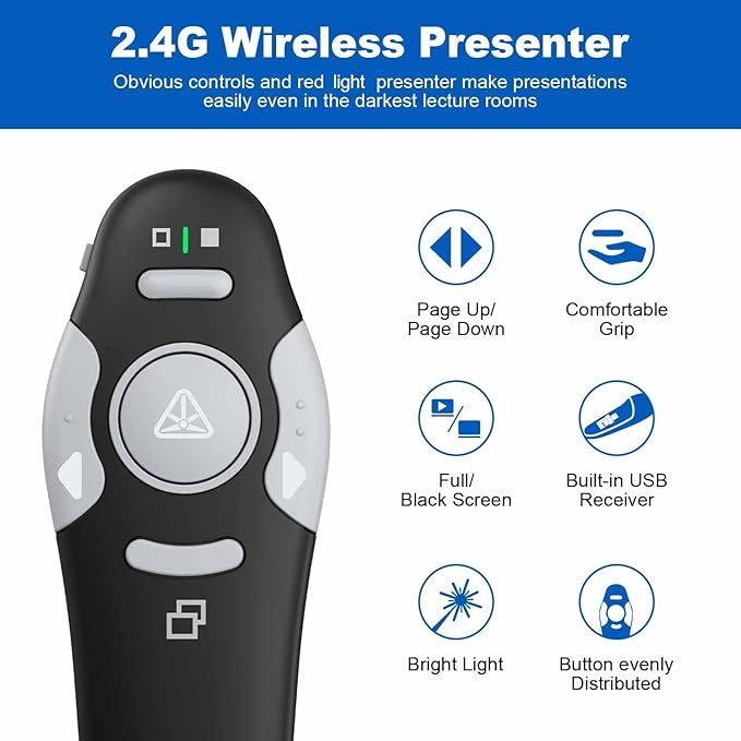 QUI 2 Pack Presentation Clicker, Wireless Presenter Remote Clicker for PowerPoint, Slide Advancer for Mac, Windows, Google Slide, Keynote (USB, Black Silver)
