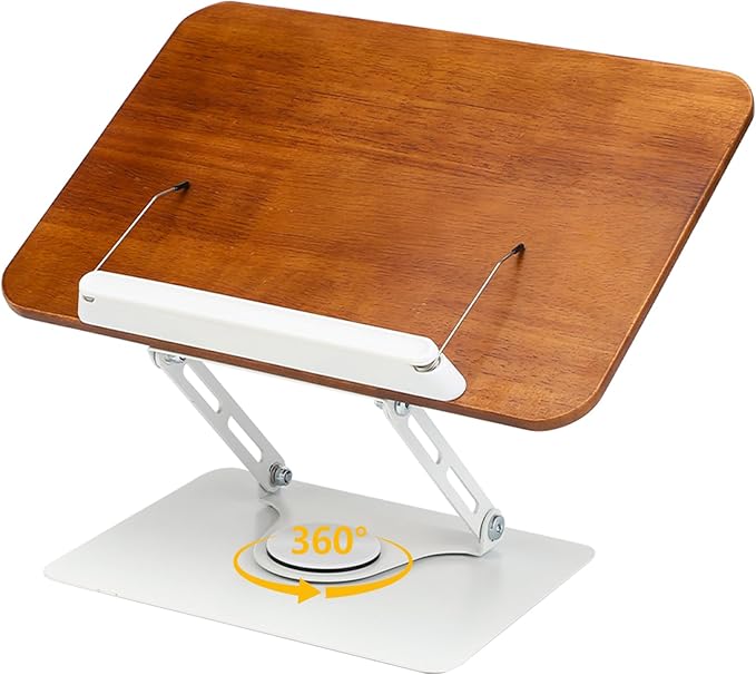 360° Rotating Book Stand for Reading, Adjustable Foldable Book Holder for Reading, Cooking, Office, Compatible with Cookbooks, Textbooks, Tablets, Sheet Music, and Laptops (White Wood Grain)