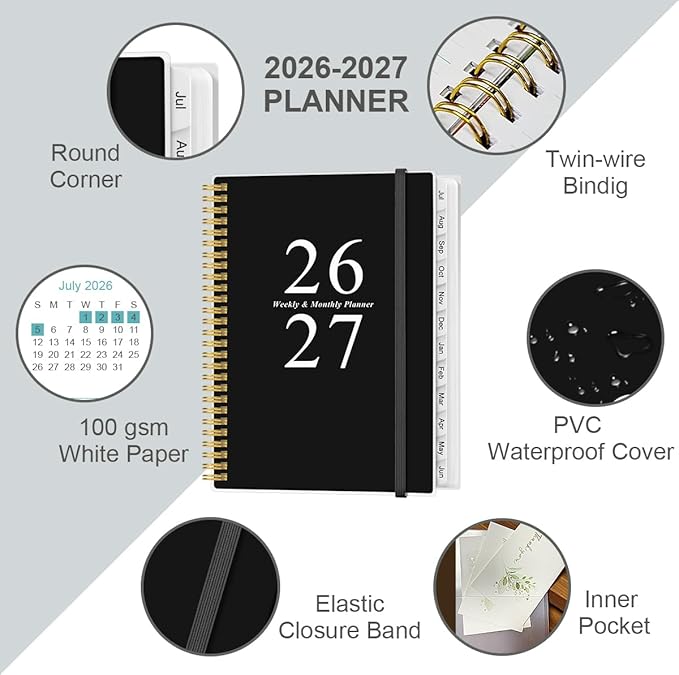 2026-2027 Planner - Planner 2026 from July 2026 to June 2027 with 12 Monthly Tabs, Flexible Cover, Inner Pocket, 8.5" x 11", Black
