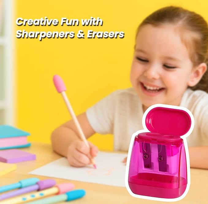 Pencil Sharpener Set (8 Pcs) – 4 Dual Hole Manual Sharpeners + 4 Pencil Top Erasers, Portable Pencil Sharpeners for Kids, Students & Teens, Colored & Jumbo Pencils, School & Classroom