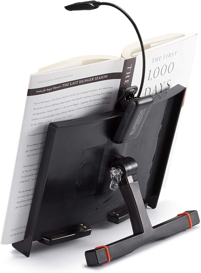 Superior Essentials Book Stand for Reading Hands Free - Recipe Book Cookbook Holder Stand for Kitchen Counter and Page Clips - Ideal for Textbooks, Cookbooks, and Devices
