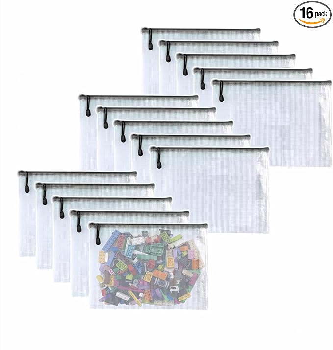 Oaimyy-16PCS-Mesh Zipper Pouch, Plastic Zip File Folders Puzzle Bags for Organizing,Office Supplies,Travel,Home Storage-Black (Black, 5"x 7")