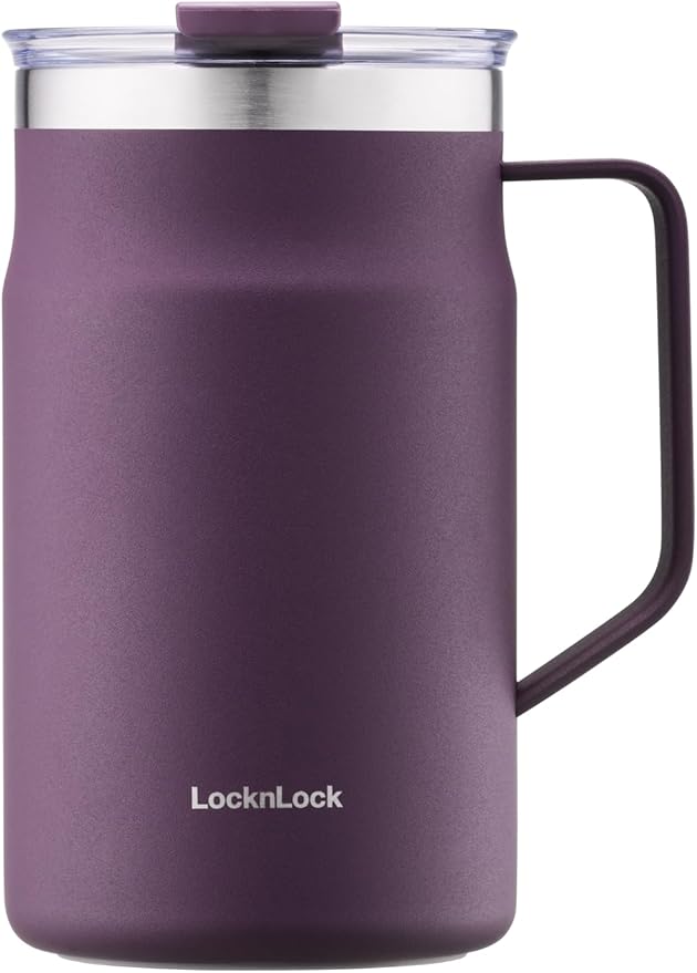 LocknLock Metro Mug, Premium 18/8 Stainless Steel Metal, Double Wall Insulated, Portable Coffee Cup with Lid and Handle for Hot and Cold Drinks, Purple, 20 oz