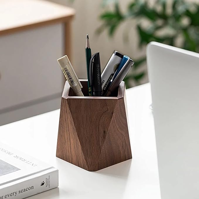 Black Walnut Wooden Pencil Box, Multiple-Use Desk Writing Stationary Organizer Wood Pen Holder Cups Office School Supplies Storage (Prismatic Shape)