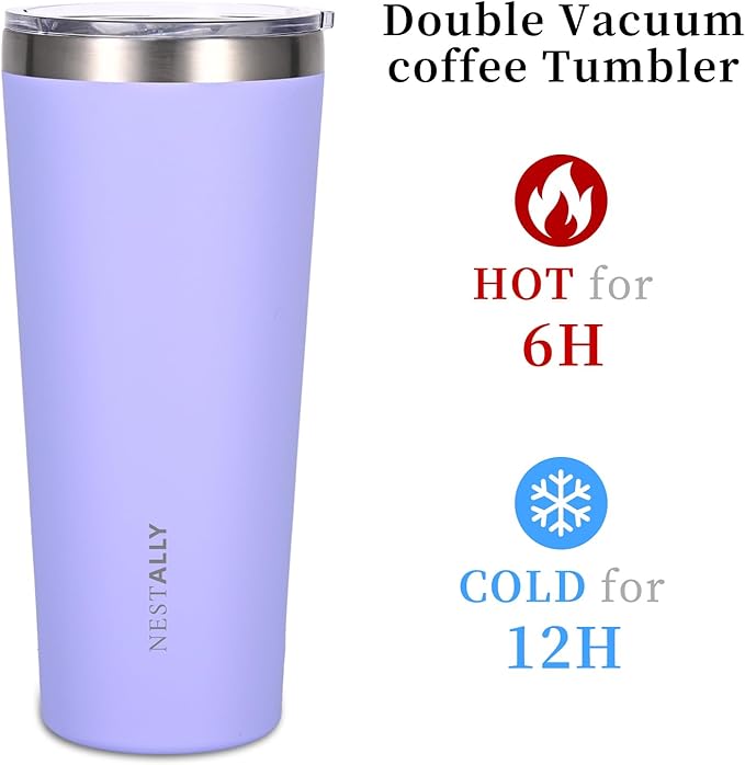 NESTALLY Coast 20oz Stainless Steel Tumbler, Extra Capacity Holds Up to 22oz, Double Wall Vacuum Insulated Travel Coffee Mug with Lid & Metal Straw, Leakproof Reusable Cup for Travel (Lavender)