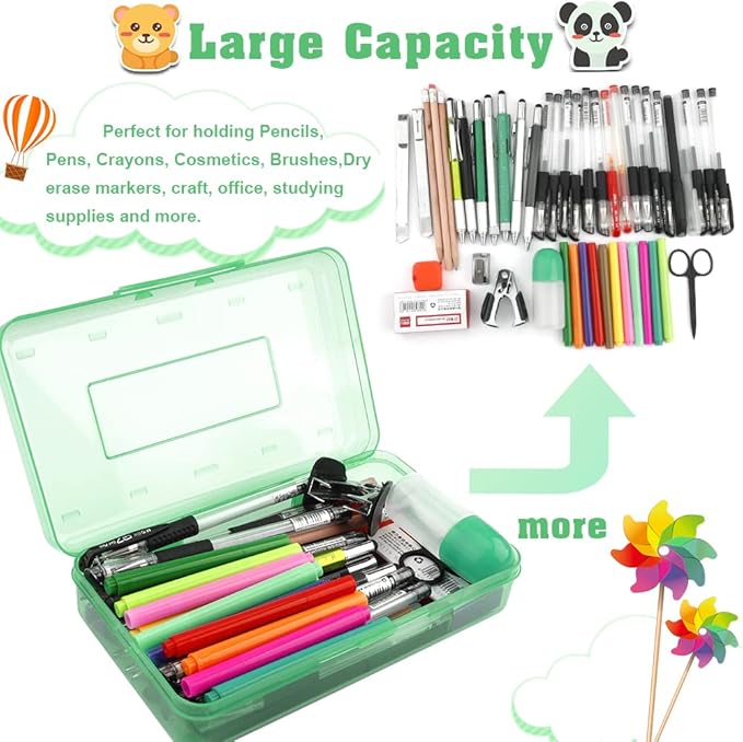 Pencil Box, Large Capacity Clear Pencil Case, 1 Pack Hard Pencil Case, Clear Crayon Box with Snap-tight Lid Stackable Design, Plastic Storage Box for Office Supplies, Green