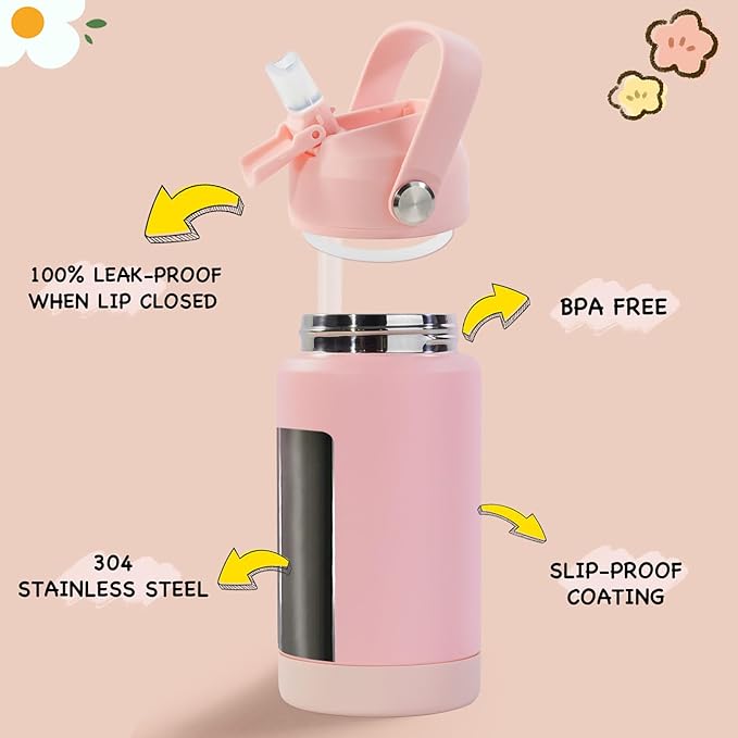 Kerilyn 12oz Kids Water Bottle, Stainless Steel Insulated Water Bottle for Kids, Toddler Cup With Straws Leak-proof, Toddler Water Bottles for School Boys Girls, BPA Free, Pink (Pack of 3)
