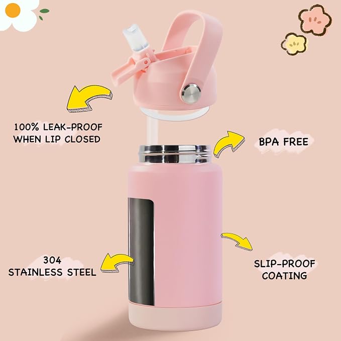 Kerilyn 12oz Kids Water Bottle 2 Pack, Stainless Steel Insulated Water Bottle Bulk, Toddler Cups with Straws Leak-Proof, Kids Water Bottles for School Boys Girls, BPA Free, Pink+Green 2 Piece Set