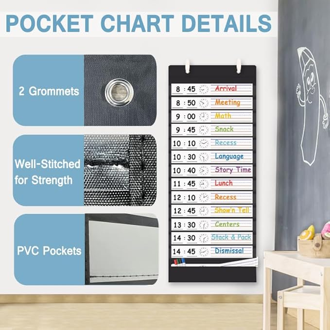 TOGETRUE Classroom Schedule Pocket Chart, Double Sided Daily Schedule with 18 Erasable Cards, 13+1 Pockets, Visual Pocket Chart for Classroom, Home, Office, 35.5" X 13"