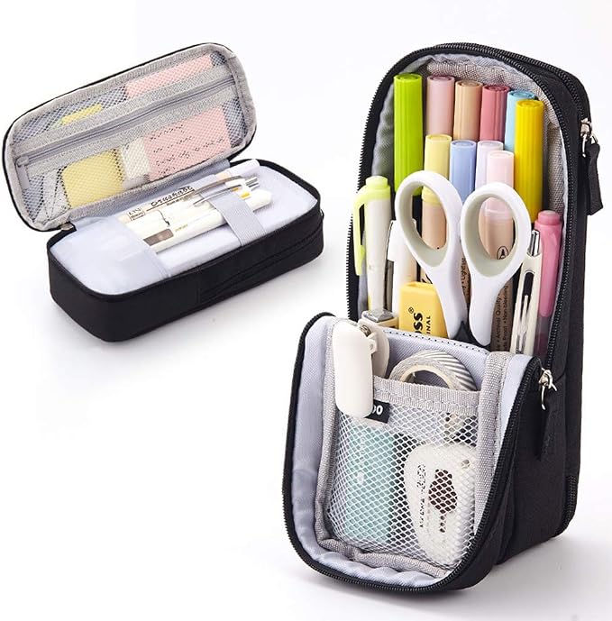 iSuperb Standing Pencil Case 2 Compartments Pencil Pouch Magnetic Mobile Phone Holder Bracket Pen Bag Large Capacity Phone Pouch College Stationery Organizer Storage for Kids Boys Girls
