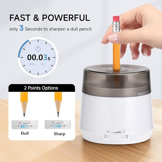 Electric Pencil Sharpener, Dual Power USB Battery Operated, Portable Design for 6-8mm Pencils, Home School Office Use (White)