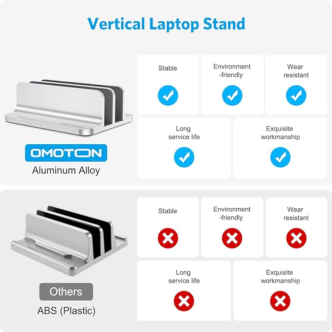 OMOTON Vertical Laptop Stand [Updated Double Version], Desktop Aluminum Mac Book Stand with Adjustable Dock Size, Fits All Mac Book, Surface, Chrome Book and Gaming Laptops (Up to 17.3 inch) (Silver)