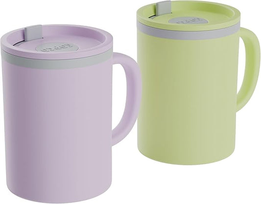 Copco Insulated Coffee Mug with Lid and Handle, 16oz Tumbler, Double Wall To-Go Cup, for Travel, Office, School, Camping, BPA-Free Reusable Plastic, Iconic Set of 2, Purple/Yellow