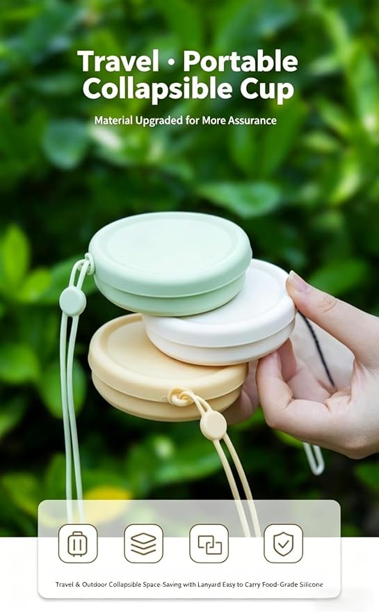 Collapsible Silicone Travel Cup, Portable Reusable Foldable Water Cup, BPA-Free Leakproof Mug with Lid & Lanyard for Camping Hiking (Beige)