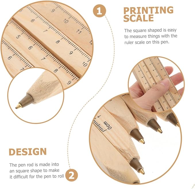 ULTECHNOVO 20pcs Black Wood Ballpoint Pens Biodegradable Wooden Signature Pens with Printed Scale Ruler for Carpenter Drafting and Construction Use