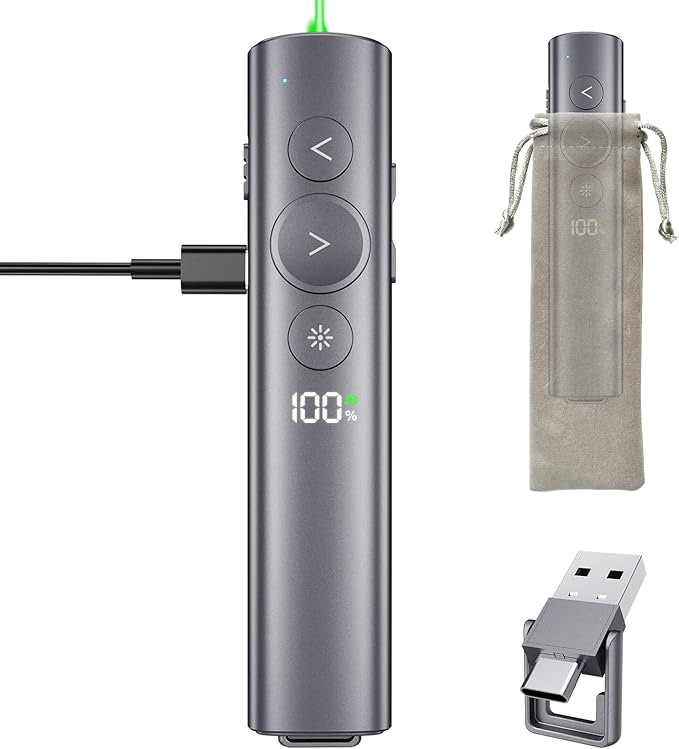 Rechargeable Presentation Clicker with Green Laser Pointer for PowerPoint, Power Display Wireless Presenter Remote with USB-A & USB-C Dongle, Slide Advancer for Mac, Windows, Laptop, Classroom, Office