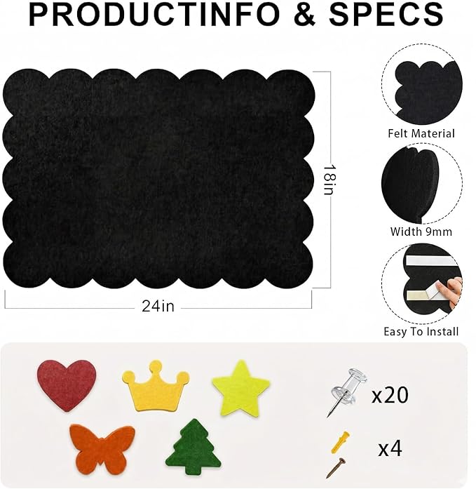 Scalloped Bulletin Board, 24x18 Scalloped Felt Bulletin Board, 2' x 1.5' Foldable Picture Display with 20 Pins & 5 Cute Decors - Black