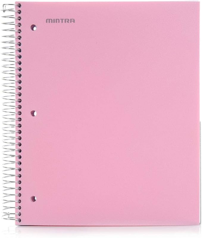 Mintra Office Durable Spiral Notebook, 5 Subject (SPRING PINK, College Ruled 1pk) - 200 perforated lined smooth paper sheets, 5 Poly Pockets, quality poly cover, coil lock - perfect multi-subject notebook for school, work, college and home