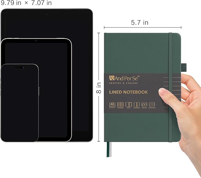 &And Per Se Lined Notebooks Bulk 5-Pack, A5 Hardcover Journal, 160 Pages 100gsm Thick Paper, Classroom Supplies for Students, Teachers, College Ruled Notebooks for School Office (Green)