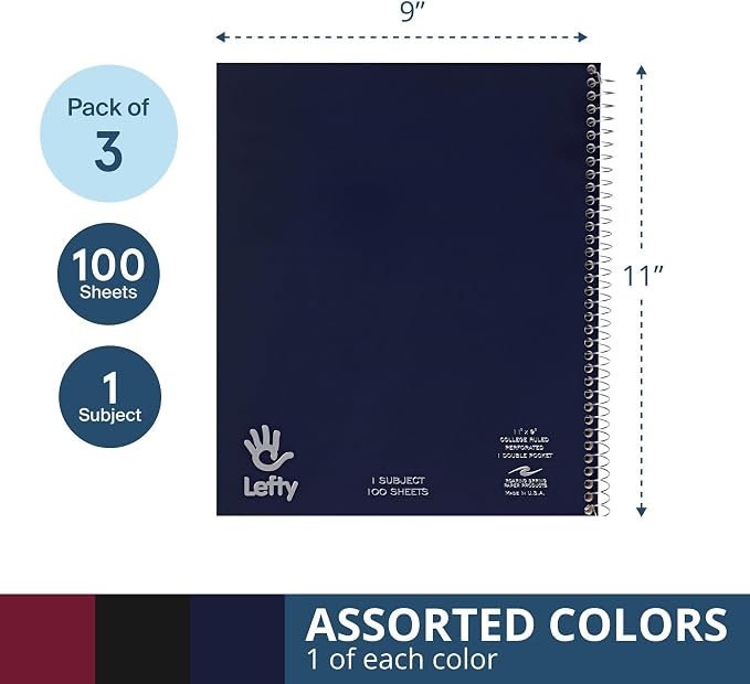 ROARING SPRING Left Handed Notebook, 1 Subject, 11x9, College Rule, 3 Pack