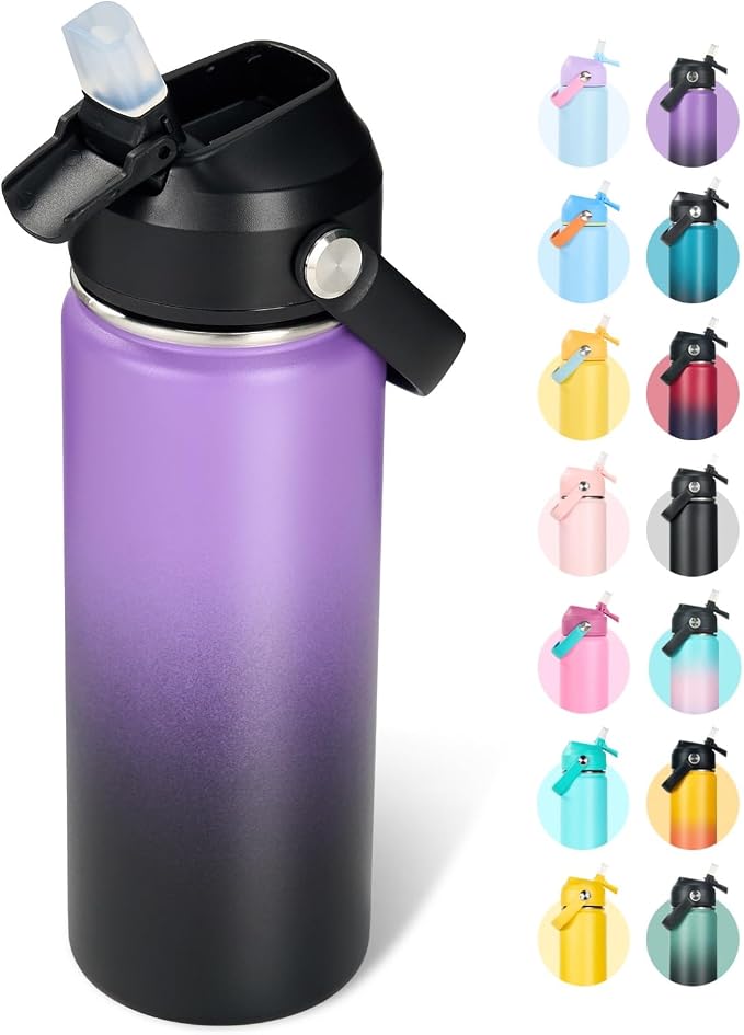 Fijinhom 18oz Insulated Stainless Steel Water Bottle, Wide Mouth Double Wall Vacuum, Silicone Straw, Sweat & Leak Proof, BPA Free Insulated Water Flask for Travel, Purple & Black