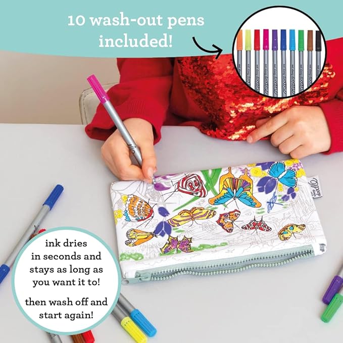 DIY Coloring Butterfly Pencil Case for Kids with 10pcs Washable Markers, Reusable Art Supply Organizer, Fun Arts & Crafts Activity for Boys & Girls, Creative Gift Idea for Ages - eatsleepdoodle