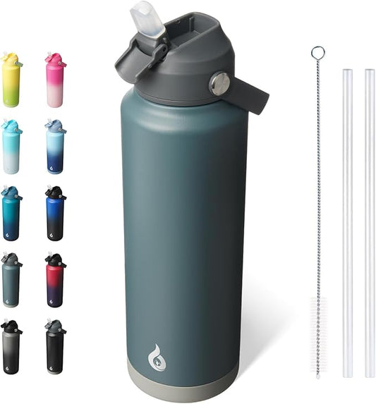 BJPKPK 40oz Insulated Water Bottle, Stainless Steel Bottle with Straw Lid | Soft Silicone Nozzle, Keep Cold & Hot, Leak-Proof BPA-Free Metal Bottle with Flex Handle for Travel, Gym & Everyday Hydration