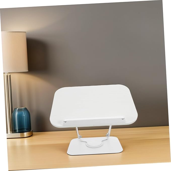 Adjustable Wooden Book Stand with 360° Rotation and Height Lift, Portable Desktop Reading and Recipe Display Holder for Cookbooks, Magazines, and Textbooks, White