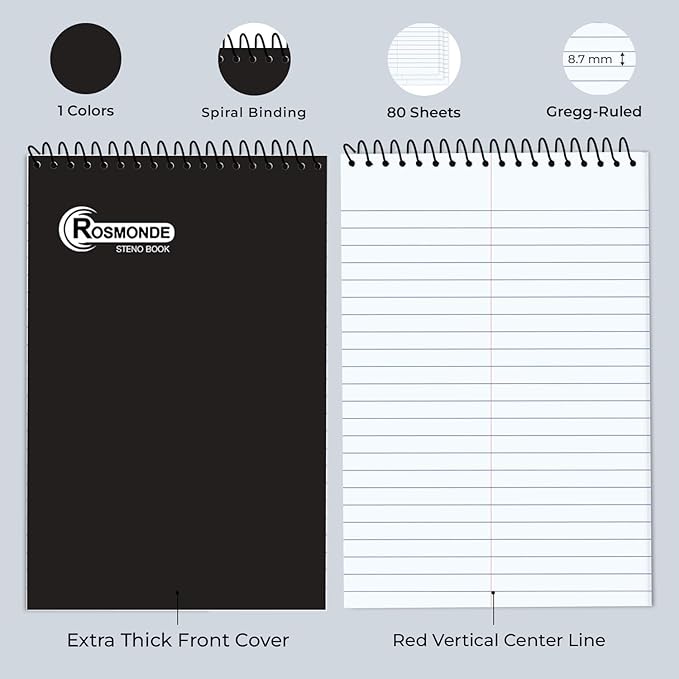 Rosmonde 12 Pack Spiral Steno Pads, 6 x 9, Gregg Rule, Black Steno Pad, Long Lasting - 80 Sheets (160 Pages), Top Spiral Notebook, Bulk Steno Notebook for Business, Top Spiral Steno Book for Office