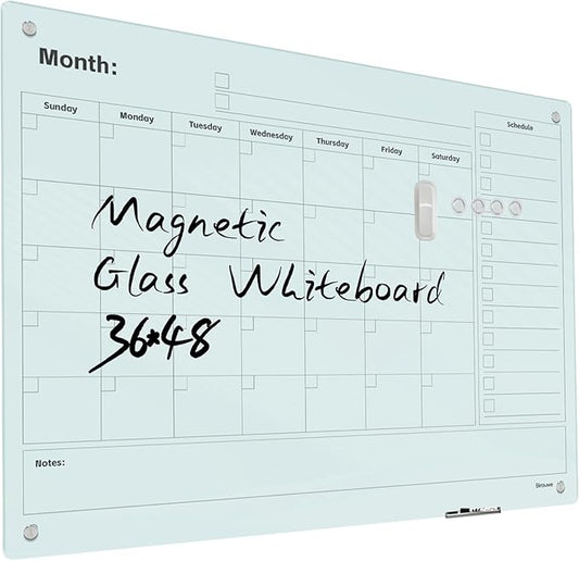 Magnetic Glass Whiteboard - 48"x36" Frameless Dry Erase Board with Monthly Calendar for Office, School, and Home