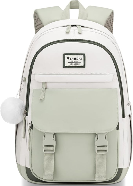 WINDARS School Backpack for Teen Girls, Cute College Backpacks for Women Students Aesthetic Bookbag Large 15.6 Inch Laptop Bag Middle School Travel Back Pack (Beige-Green-Dark Olive Green)