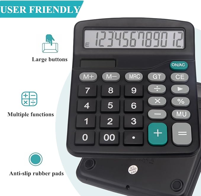 Desk Calculator, Basic Office Calculator with 12 Digits Large Display, Dual Solar Power and Battery, 4 Function Simple Calculation, Big Button for Office Home School(Black)