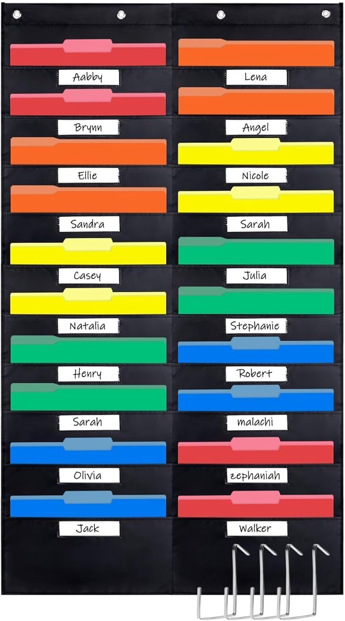Opret 20 Pockets Storage Pocket Chart with 20 Nametag Pockets, Hanging Wall File Organizer for File Folders with 4 Hangers for Classroom, Office, School Mailbox Organizer and Home (Black)