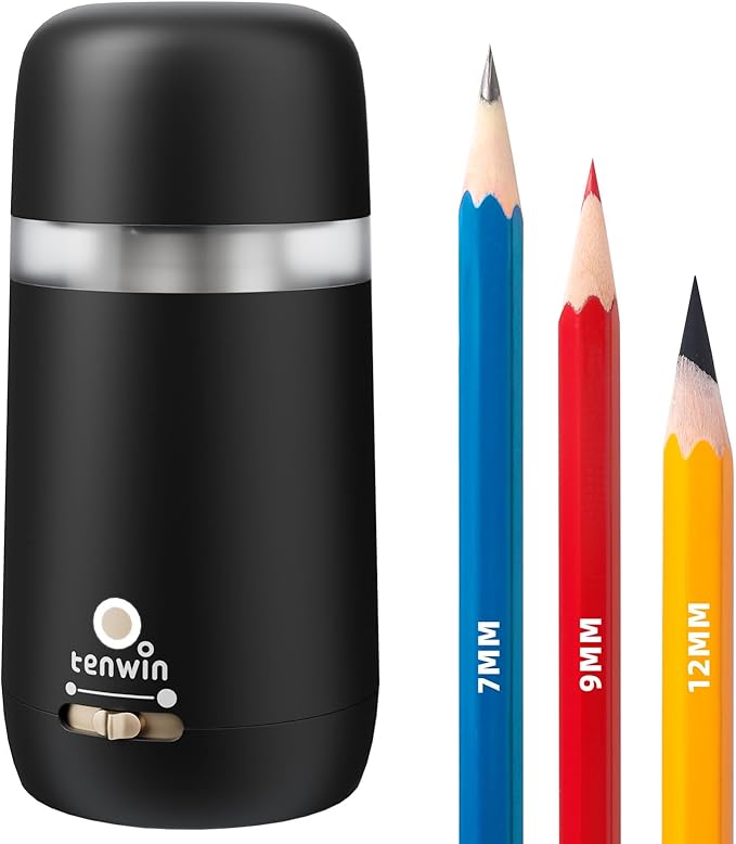 tenwin Fully Automatic Electric Pencil Sharpener for 7-12mm Pencils, Auto in&Eject, 3 Selectable Adjustable Pencil Nibs with Breathing Light (Black)