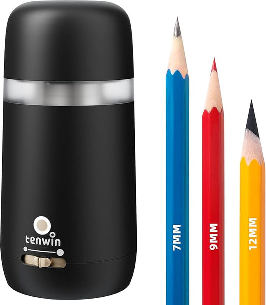 tenwin Fully Automatic Electric Pencil Sharpener for 7-12mm Pencils, Auto in&Eject, 3 Selectable Adjustable Pencil Nibs with Breathing Light (Black)