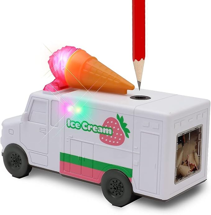 Amazeko Electric Pencil Sharpener with Ice Cream Lights and Music for Kids. Great for Back to School, Birthdays, and Holidays (Strawberry)