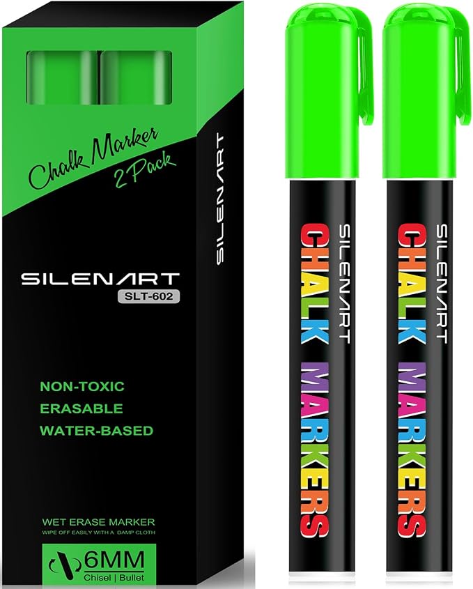 SILENART Green Chalk Markers 2 Pack - Green Dry Erase Markers Pen - Liquid Chalk Markers for Chalkboard, Window, Glass, Mirror, Blackboard
