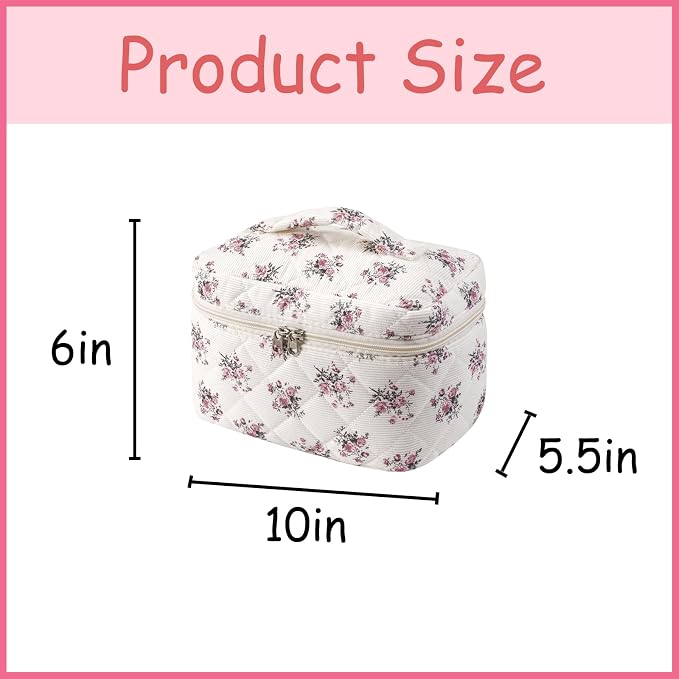 uekeboag Large Travel Quilted Makeup Bag for Women | Soft Floral Cotton Cosmetic Bag, Foldable Coquette Aesthetic Toiletry Organizer