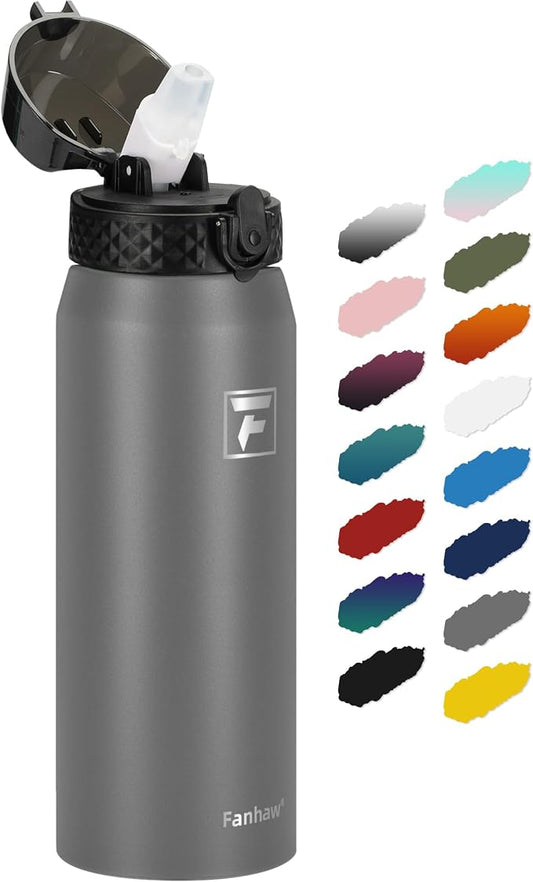 Fanhaw 24 Oz Kids Insulated Stainless Steel Water Bottle with Straw Lid, Leakproof & Anti-Dust Everyday Use Bottle for School, Women & Men, Back to School Essentials (Gray)