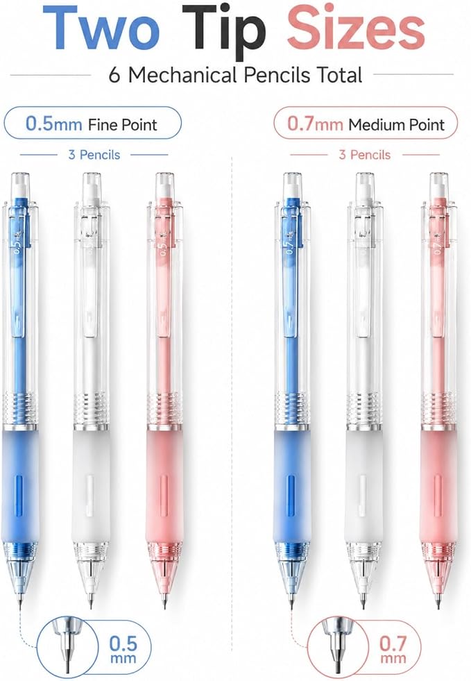 Four Candies Cute Mechanical Pencil Set, 6-Pack 0.5/0.7mm | Clear Storage Case, 360 Leads, 3 Erasers, 9 Eraser Refills, Non-Slip Rubber Grips, Aesthetic Design, for Writing and Drawing