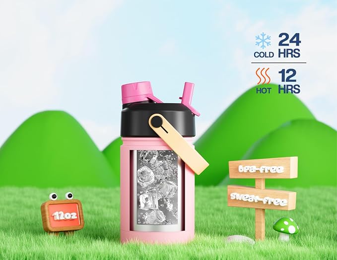 12 oz Kids Water Bottle for Girls: 2-in-1 Straw Spout Lid, Leakproof, Durable Straw Spout Lid, 24H Cold, Easy Carry, Insulated Stainless Steel Cup for School, Travel, Camping, Daily (Polka Whimsy)