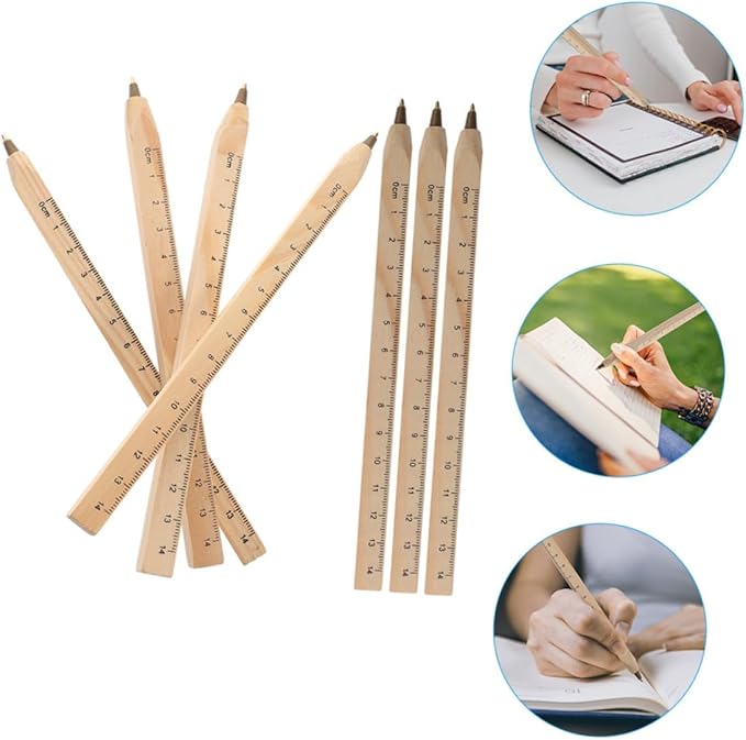 Healifty 20pcs Black Wood Ballpoint Pens with Ruler Printed, Natural Biodegradable Wooden Carpenter Pens for Drafting and Industrial Use