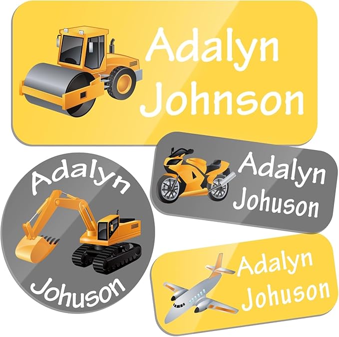 Custom Personalized Name Labels for Kids-(200-1000Labels) Waterproof Name Stickers Tags for School&Daycare,Clothing Tags,Washable&Durable Labels for Lunch Boxes, Bottles,Toys&GEA (Excavator)